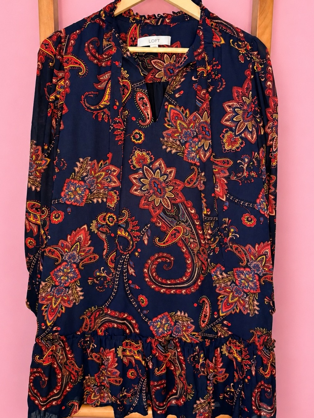 LOFT Paisley Tie Neck Flounce Dress Navy Blue Long Sleeve Boho Size M